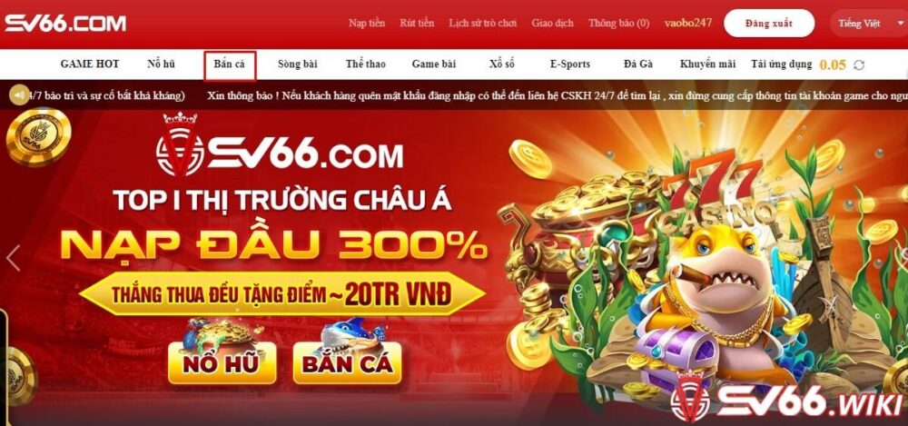 Bắn cá đổi thưởng SV66 là danh mục trò chơi nổi bật nhất tại nhà cái